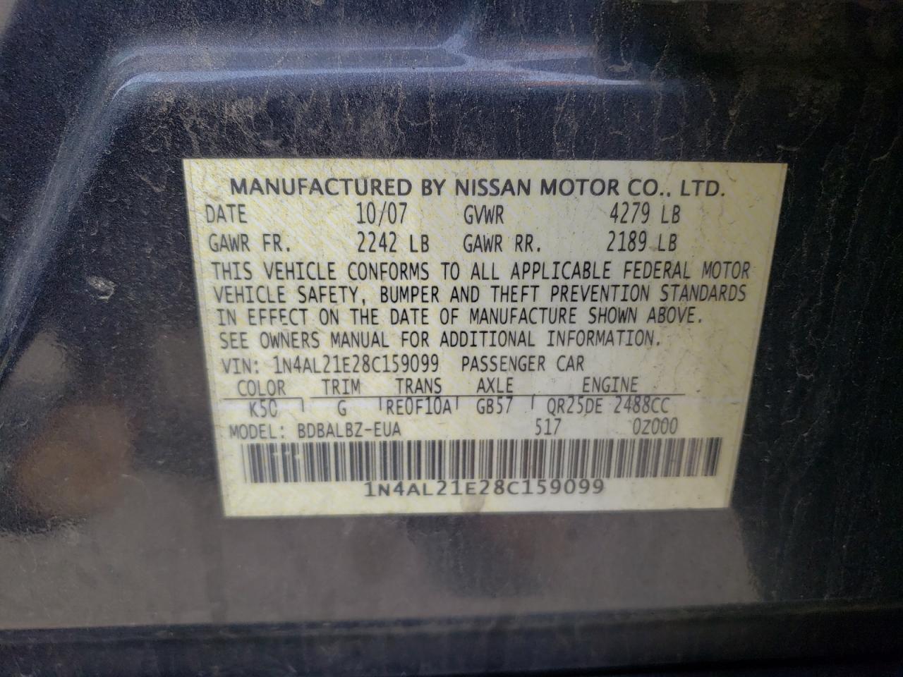 Photo 10 from auction – 2008 NISSAN ALTIMA 2.5 with VIN 1N4AL21E28C159099