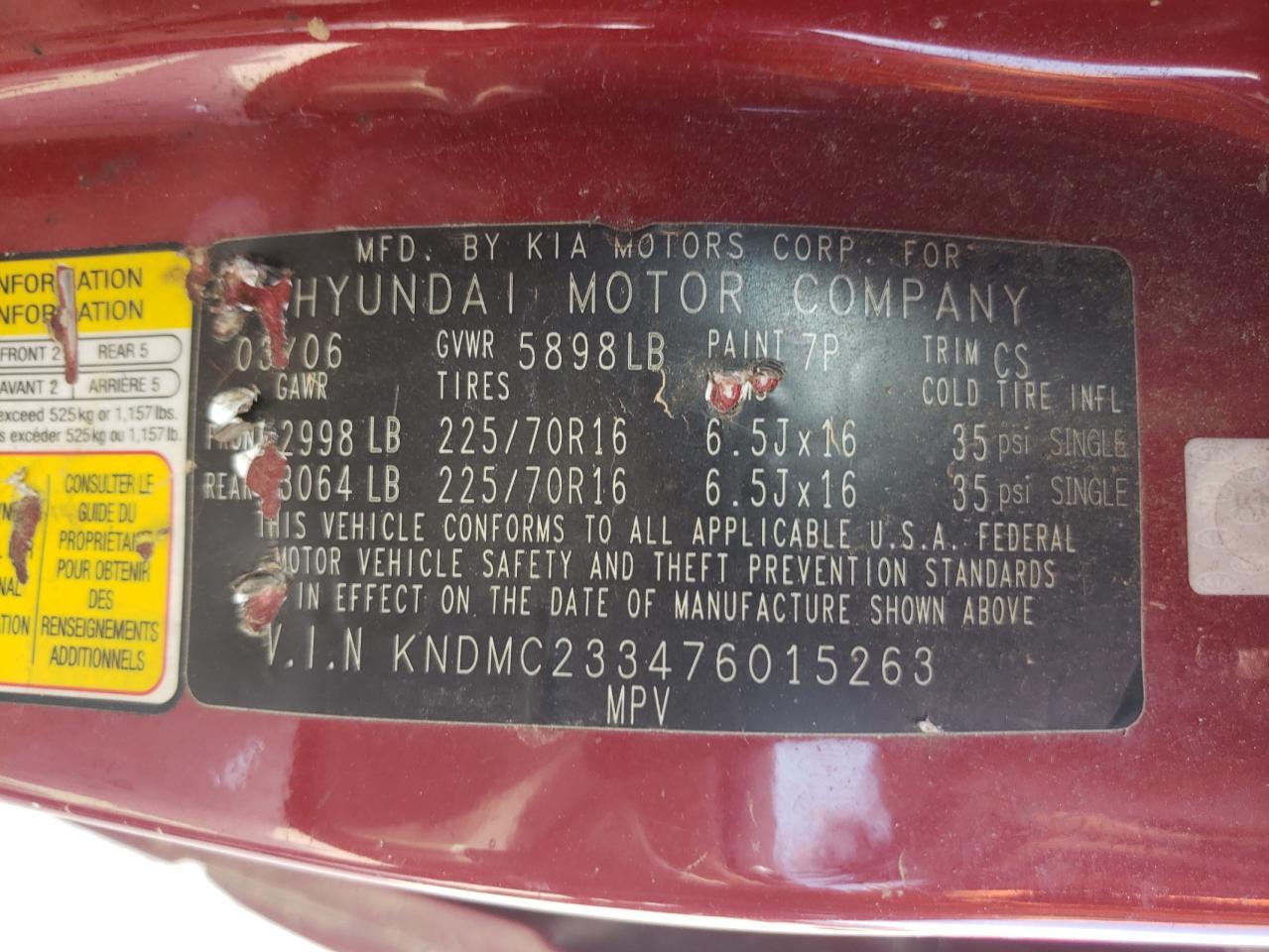 Photo 10 from auction – 2007 HYUNDAI ENTOURAGE with VIN KNDMC233476015263