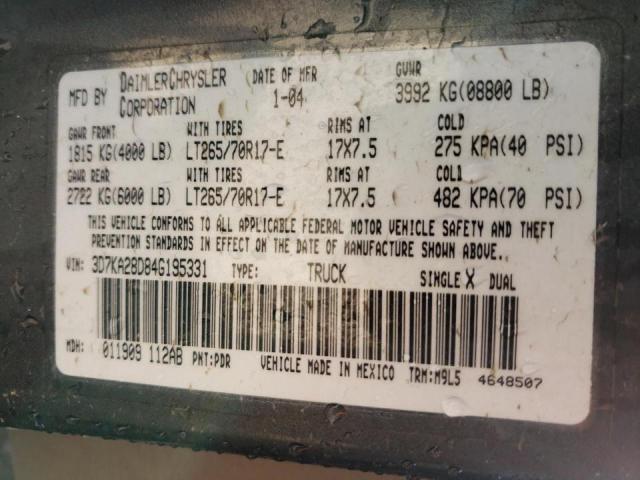 Photo 10 from auction – 2004 DODGE RAM 2500 S with VIN 3D7KA28D84G195331