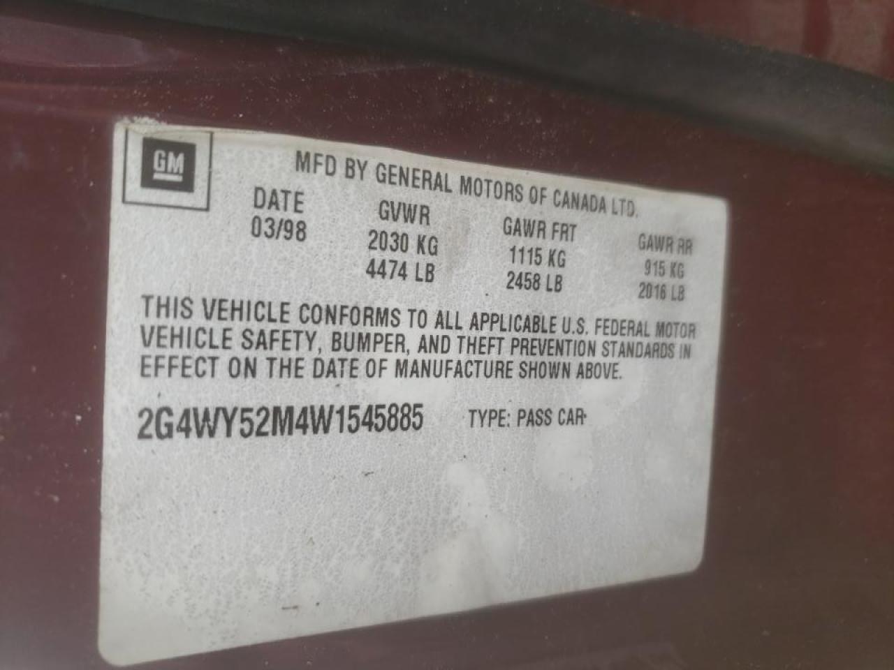 Photo 10 from auction – 1998 BUICK CENTURY LI with VIN 2G4WY52M4W1545885