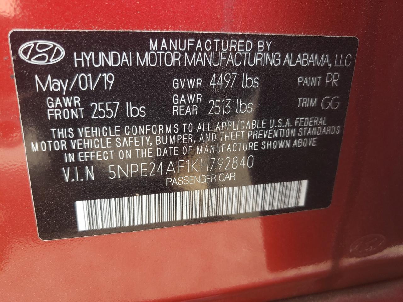 Photo 10 from auction – 2019 HYUNDAI SONATA with VIN 5NPE24AF1KH792840