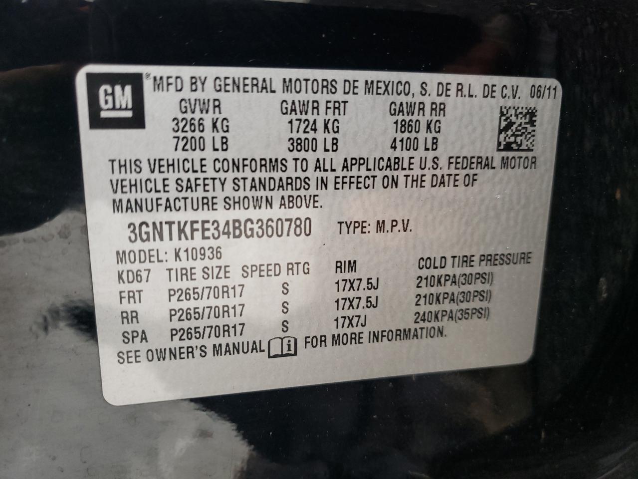 Photo 10 from auction – 2011 CHEVROLET AVALANCHE with VIN 3GNTKFE34BG360780