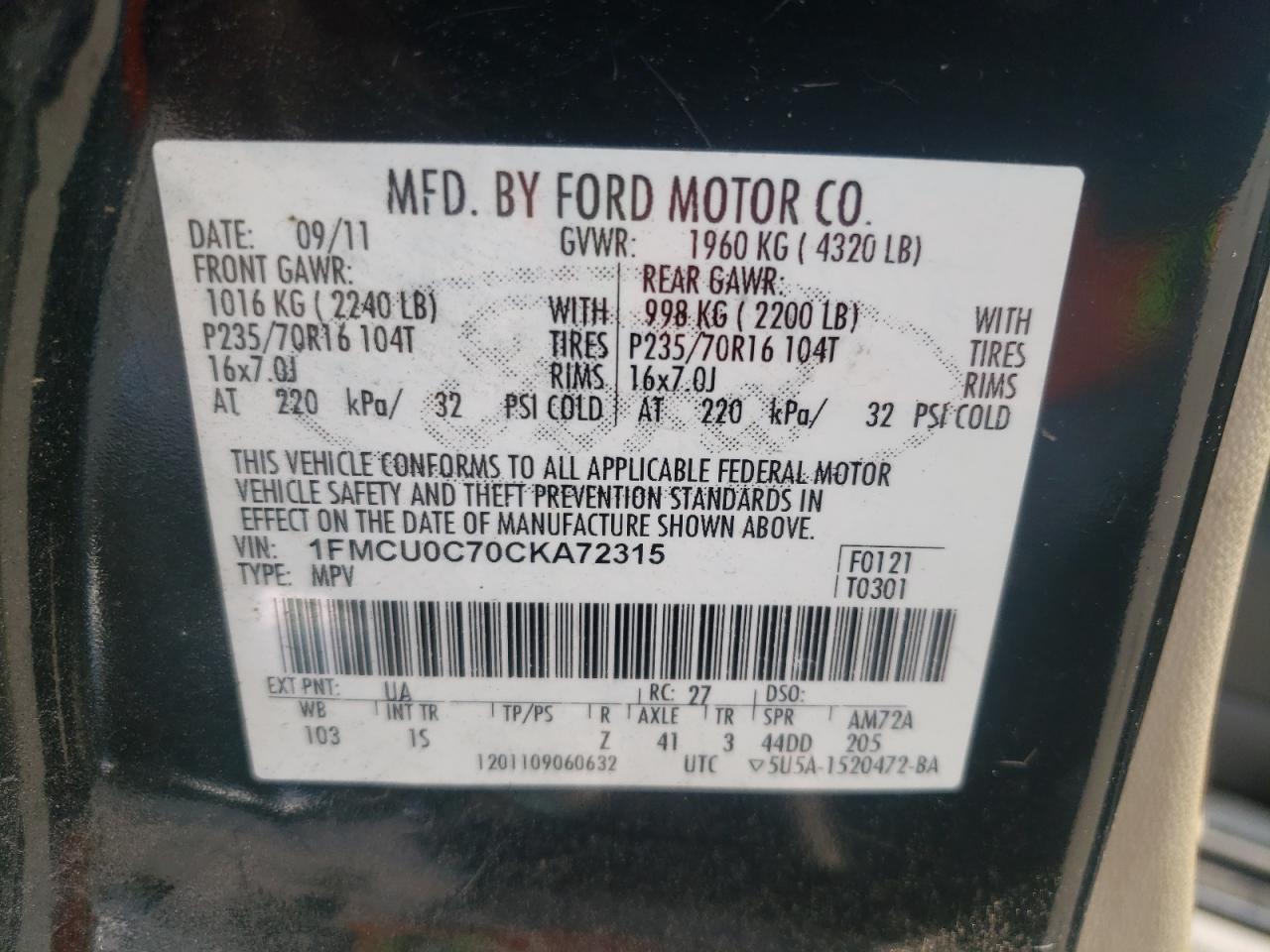 Photo 10 from auction – 2012 FORD ESCAPE XLS with VIN 1FMCU0C70CKA72315