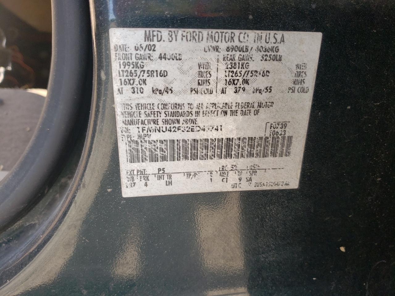 Photo 10 from auction – 2002 FORD EXCURSION with VIN 1FMNU42F32ED49741