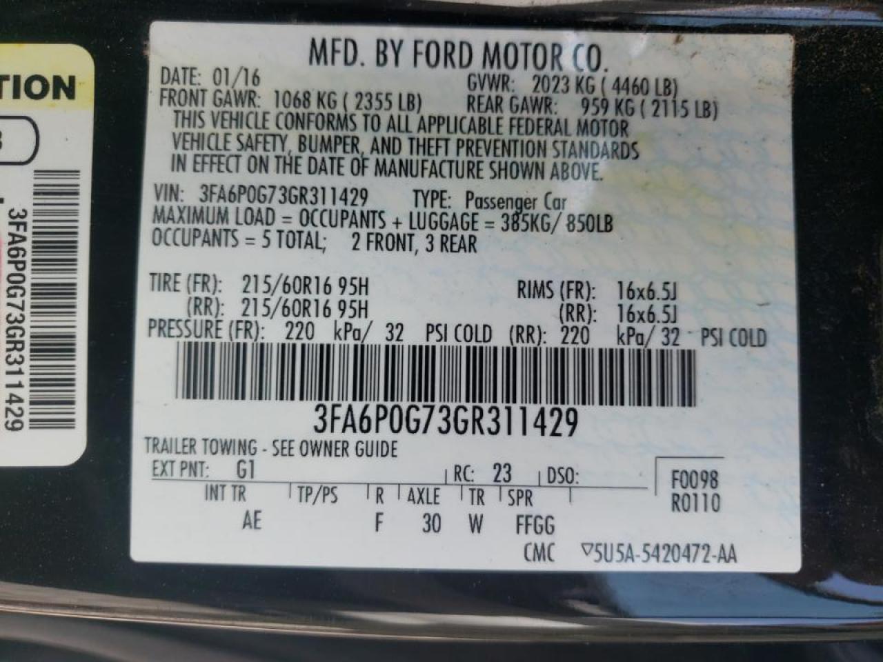 Photo 10 from auction – 2016 FORD FUSION S with VIN 3FA6P0G73GR311429