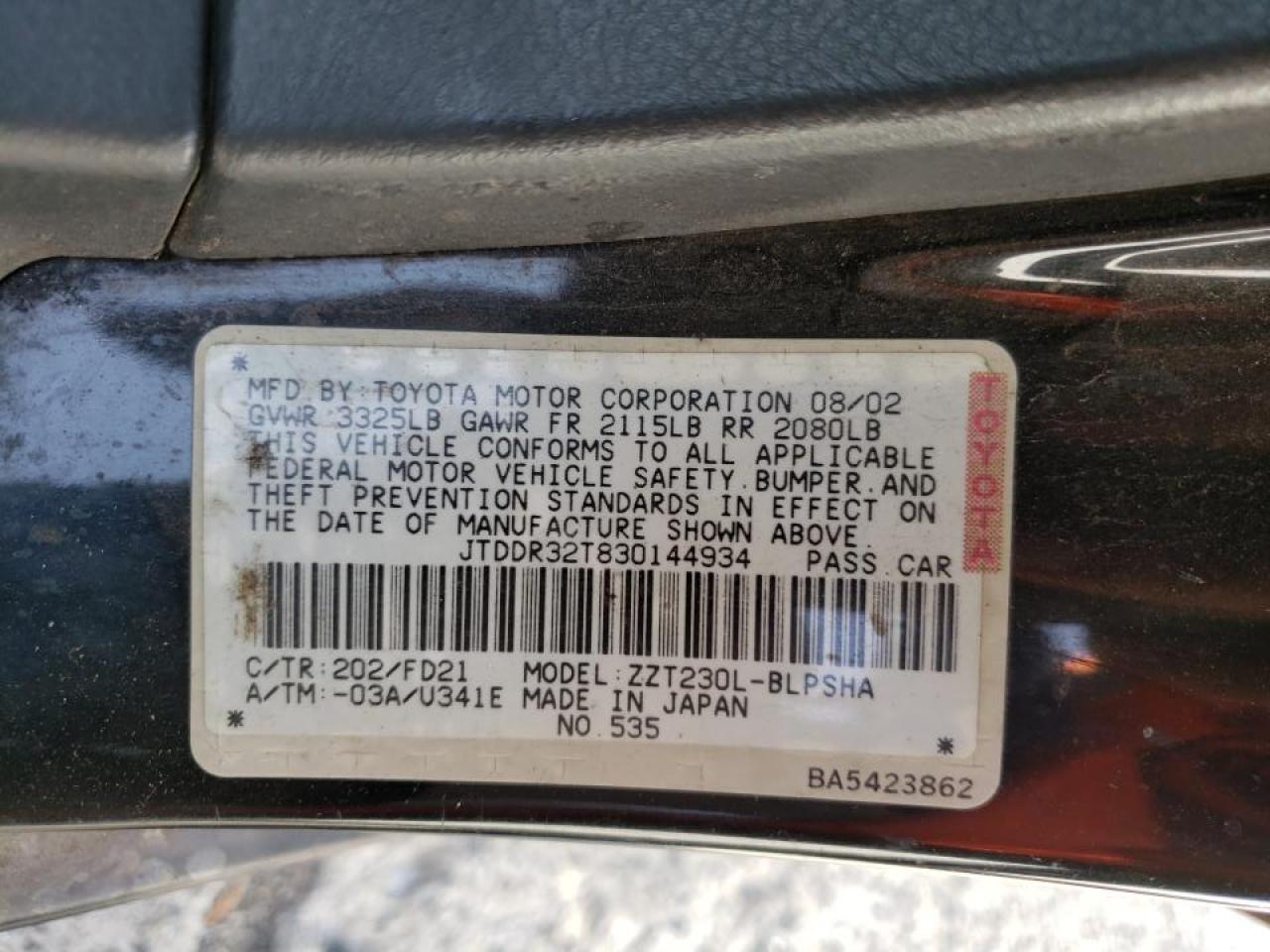Photo 10 from auction – 2003 TOYOTA CELICA GT with VIN JTDDR32T830144934
