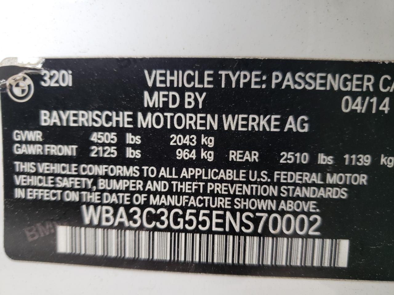 Photo 10 from auction – 2014 BMW 320 I XDRI with VIN WBA3C3G55ENS70002