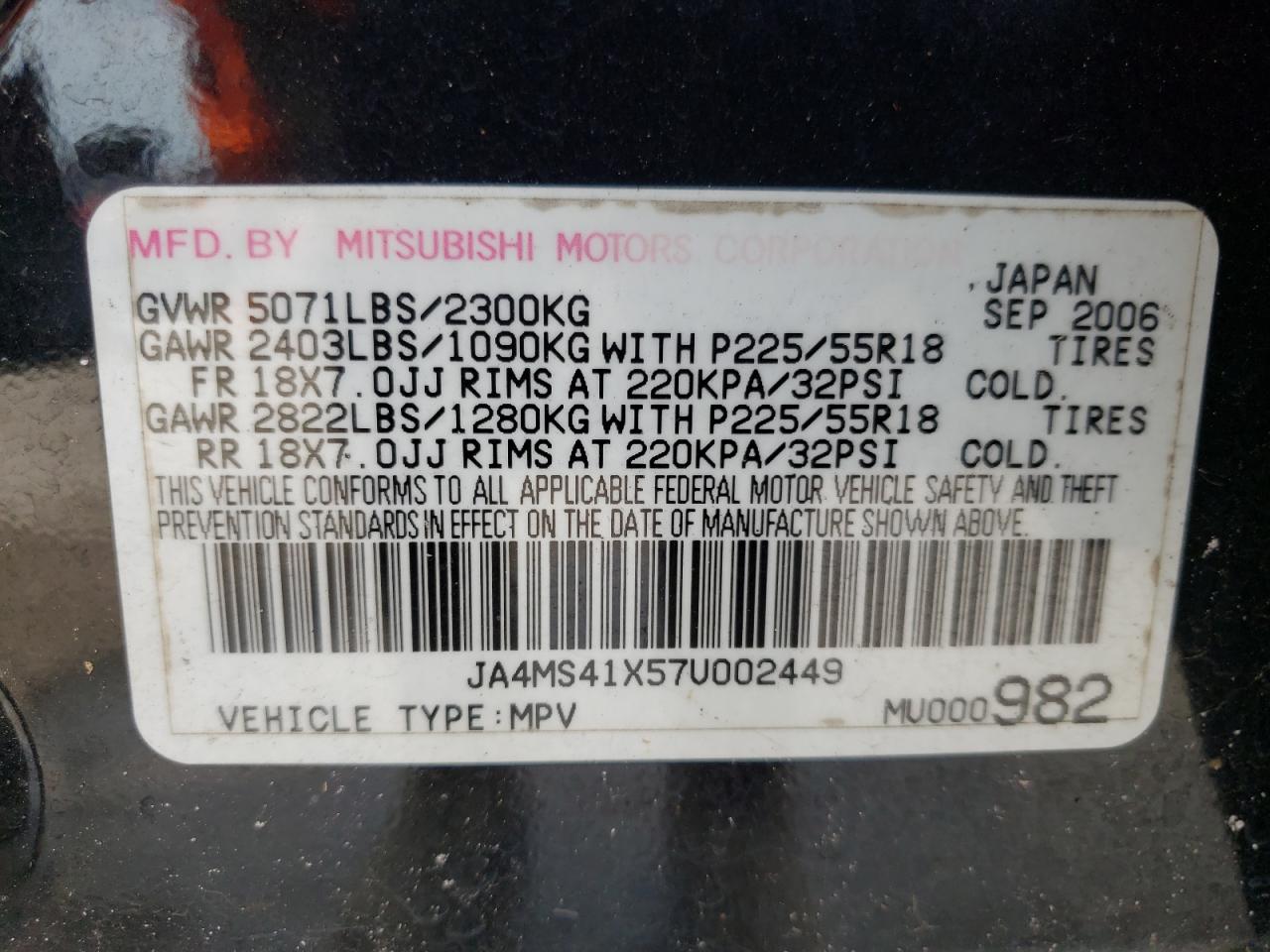 Photo 11 from auction – 2007 MITSUBISHI OUTLANDER with VIN JA4MS41X57U002449