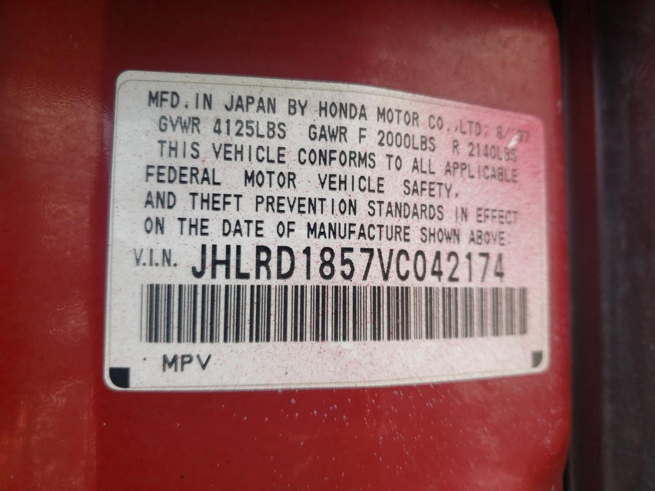 Photo 10 from auction – 1997 HONDA CR-V LX with VIN JHLRD1857VC042174