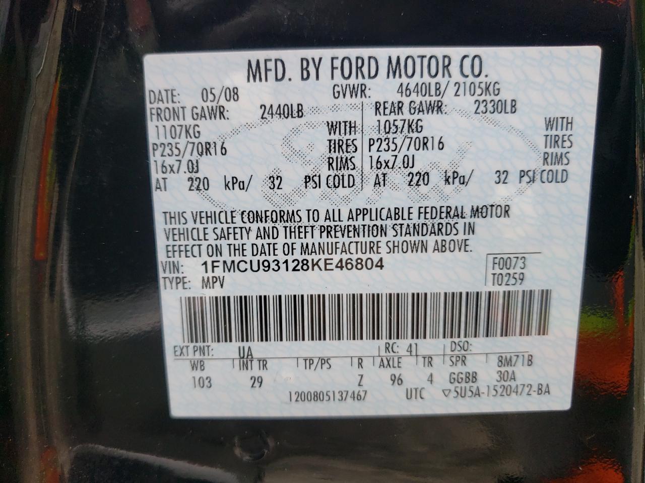 Photo 10 from auction – 2008 FORD ESCAPE XLT with VIN 1FMCU93128KE46804