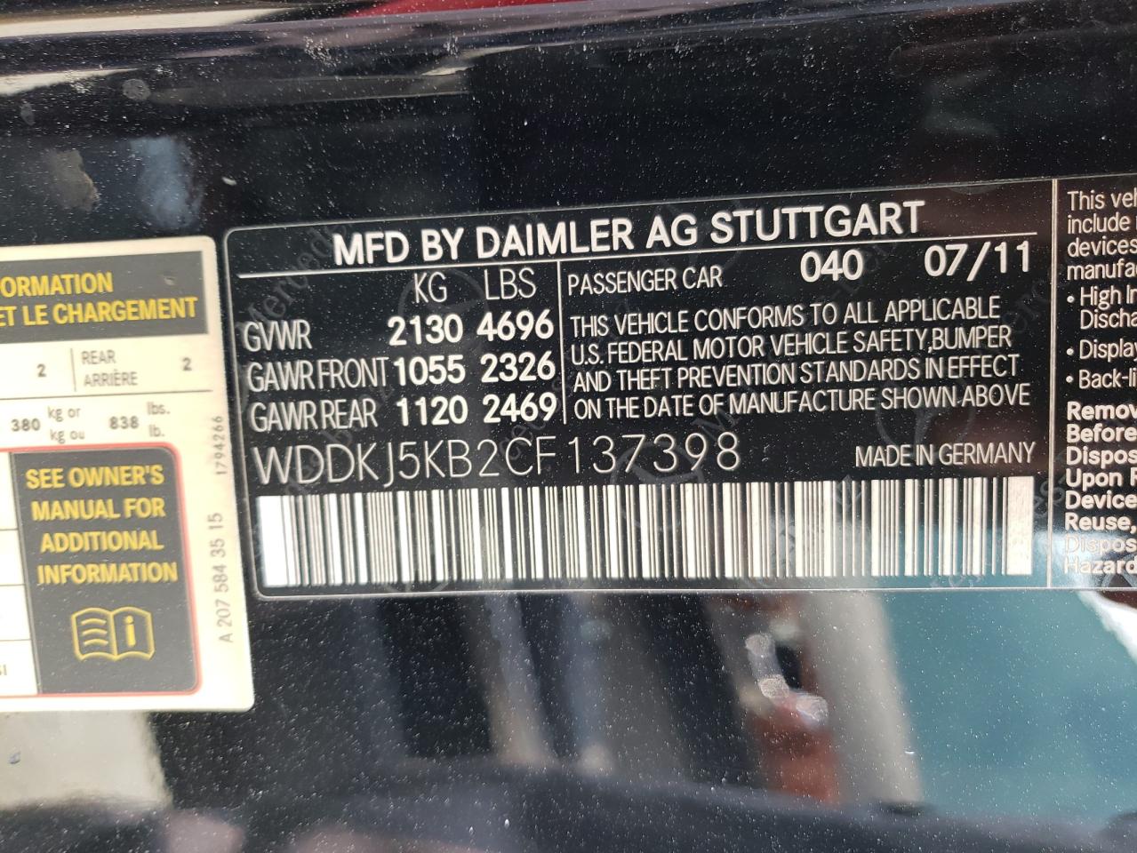 Photo 10 from auction – 2012 MERCEDES-BENZ E 350 with VIN WDDKJ5KB2CF137398