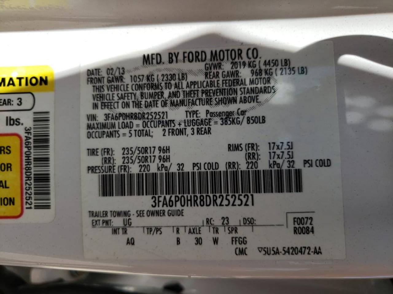 Photo 20 from auction – 2013 FORD FUSION SE with VIN 3FA6P0HR8DR252521