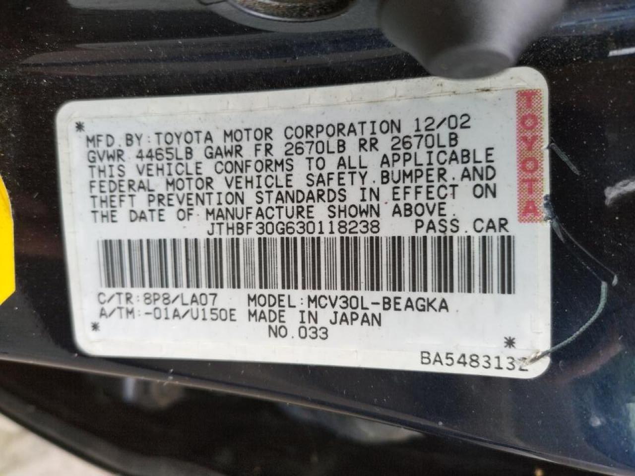Photo 10 from auction – 2003 LEXUS ES 300 with VIN JTHBF30G630118238