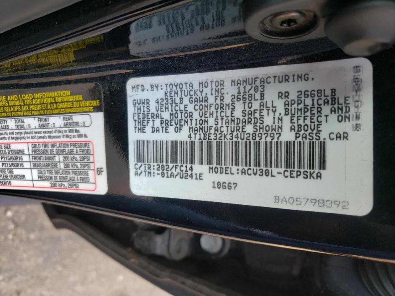 Photo 10 from auction – 2004 TOYOTA CAMRY LE with VIN 4T1BE32K34U289797
