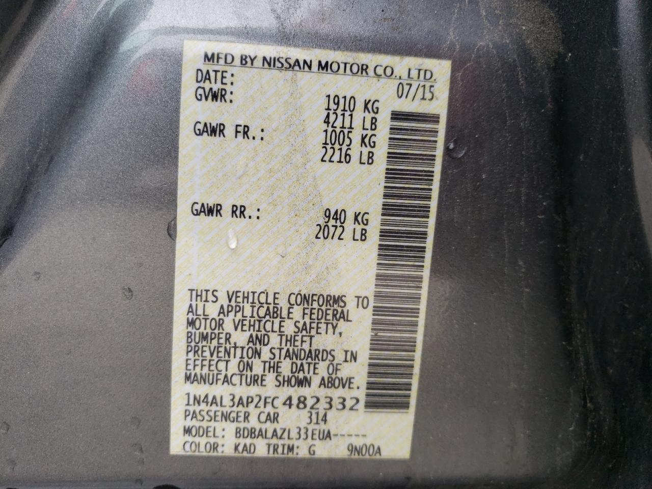 Photo 10 from auction – 2015 NISSAN ALTIMA 2.5 with VIN 1N4AL3AP2FC482332