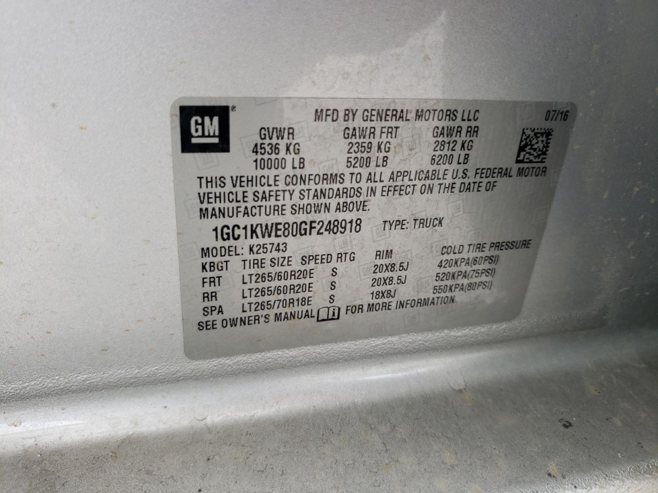 Photo 10 from auction – 2016 CHEVROLET SILVERADO with VIN 1GC1KWE80GF248918