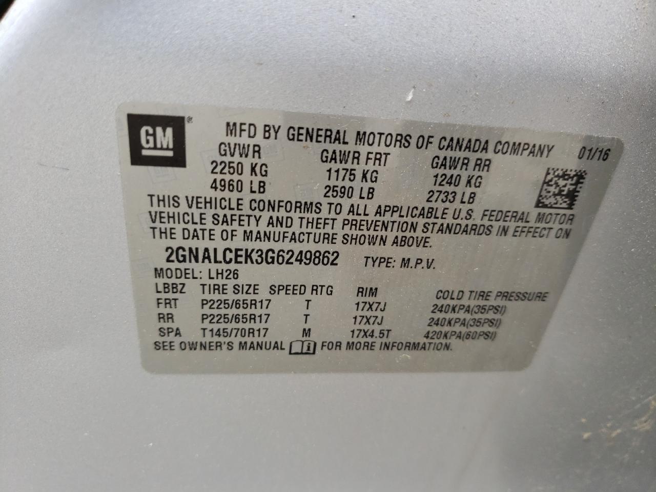 Photo 10 from auction – 2016 CHEVROLET EQUINOX LT with VIN 2GNALCEK3G6249862