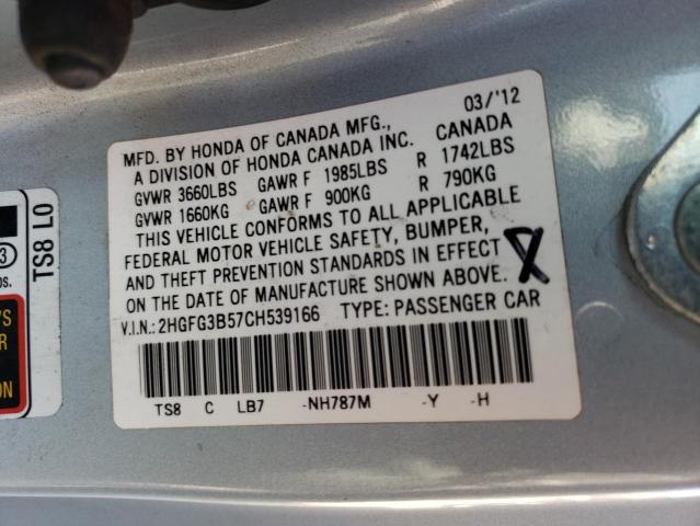 Photo 10 from auction – 2012 HONDA CIVIC LX with VIN 2HGFG3B57CH539166