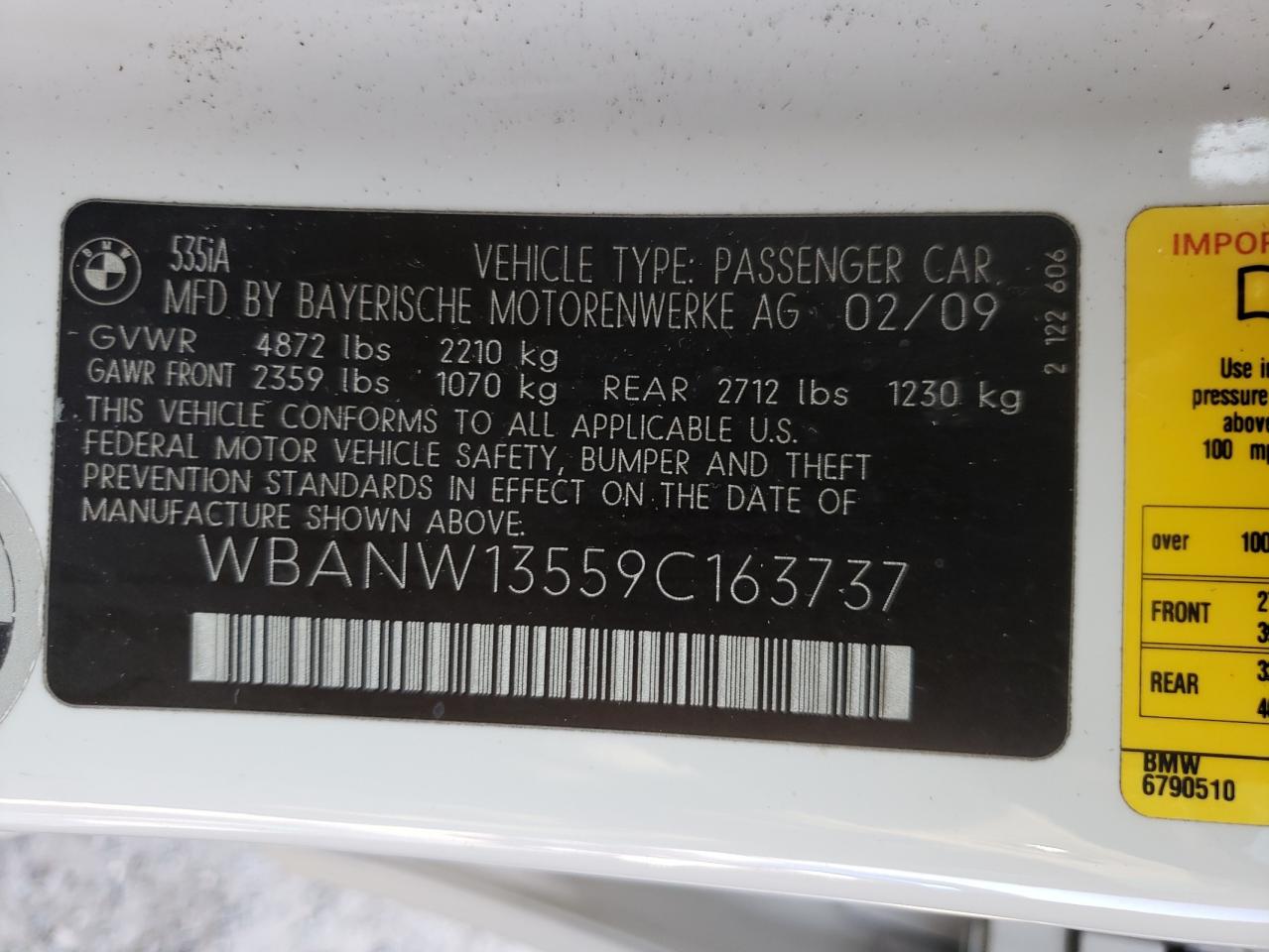 Photo 10 from auction – 2009 BMW 535 I with VIN WBANW13559C163737
