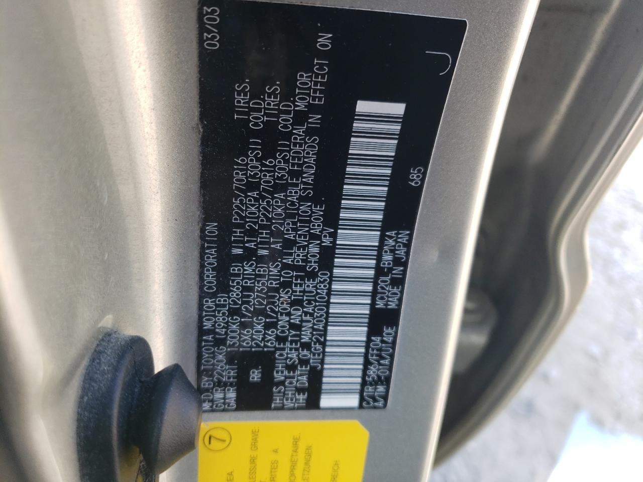 Photo 10 from auction – 2003 TOYOTA HIGHLANDER with VIN JTEGF21A030104830