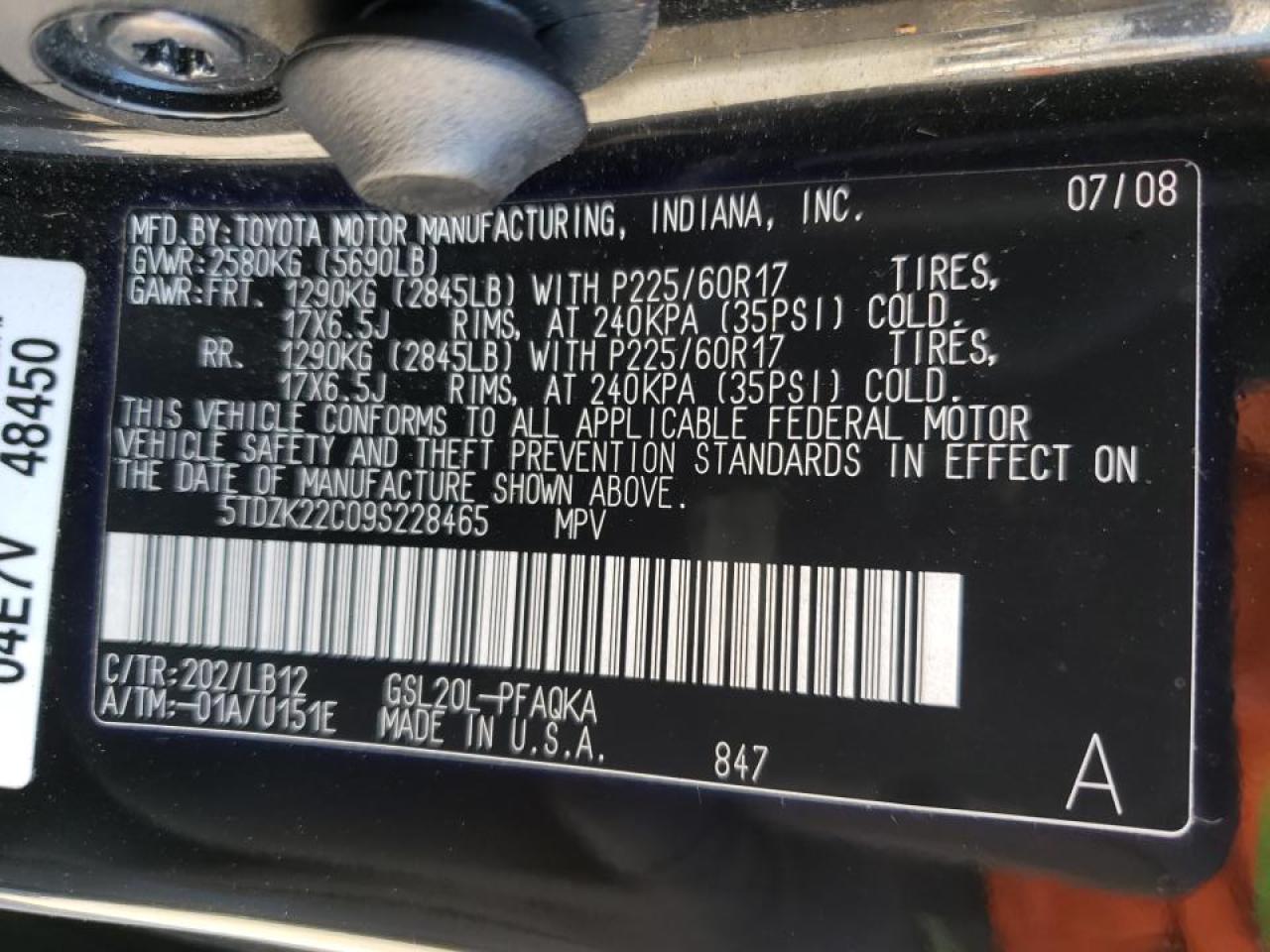 Photo 10 from auction – 2009 TOYOTA SIEANNA with VIN 5TDZK22C09S228465