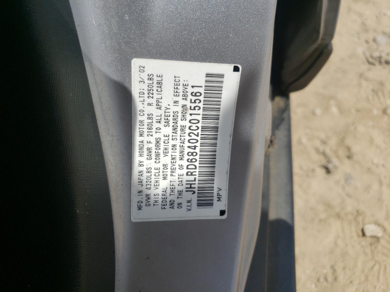 Photo 10 from auction – 2002 HONDA CR-V LX with VIN JHLRD68402C015561