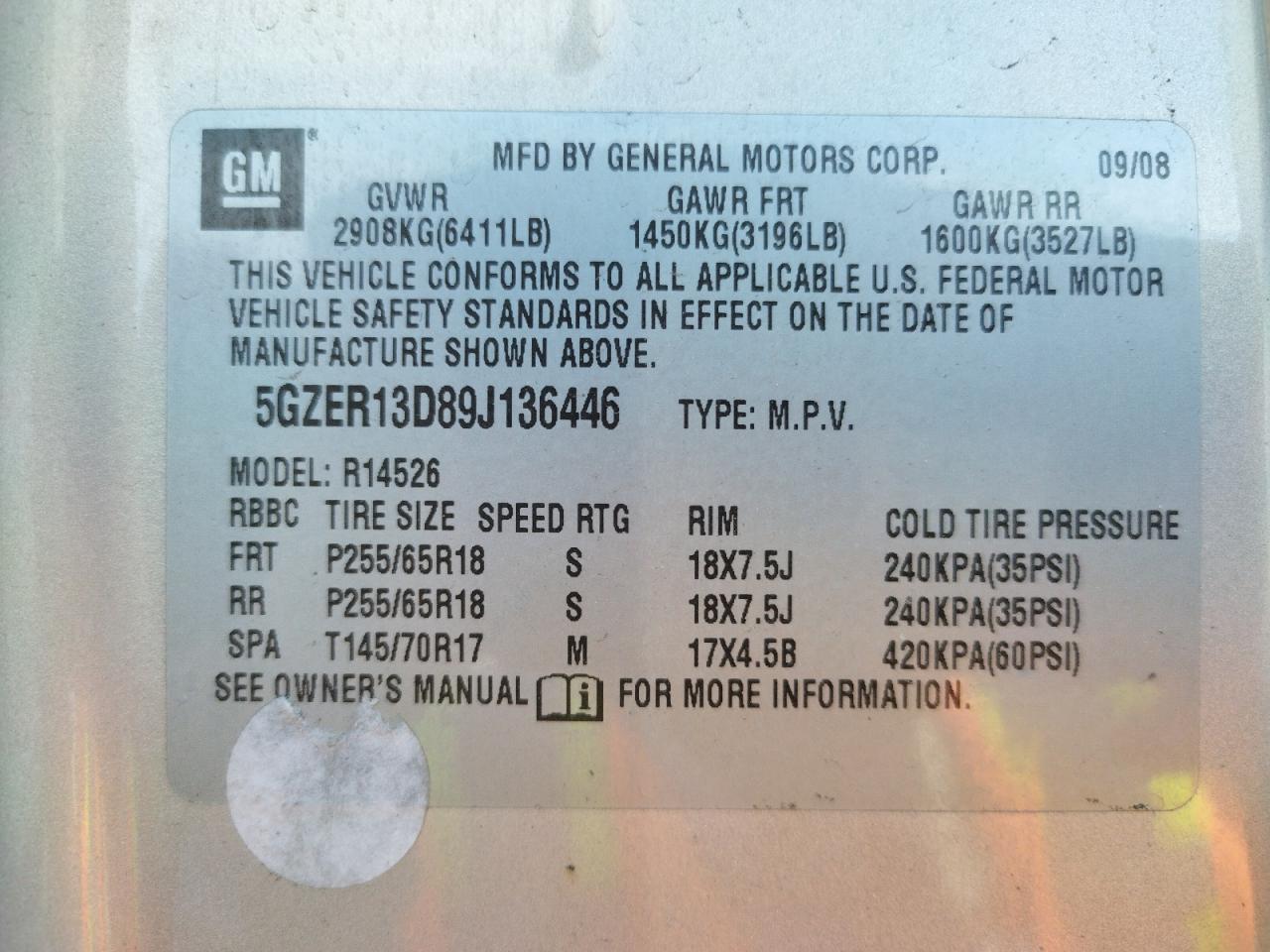 Photo 10 from auction – 2009 SATURN OUTLOOK XE with VIN 5GZER13D89J136446