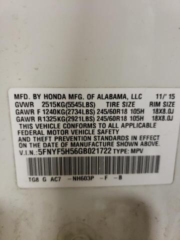 Photo 10 from auction – 2016 HONDA PILOT EXL with VIN 5FNYF5H56GB021722