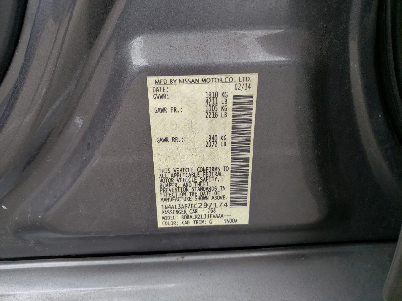 Photo 10 from auction – 2014 NISSAN ALTIMA 2.5 with VIN 1N4AL3AP7EC297174