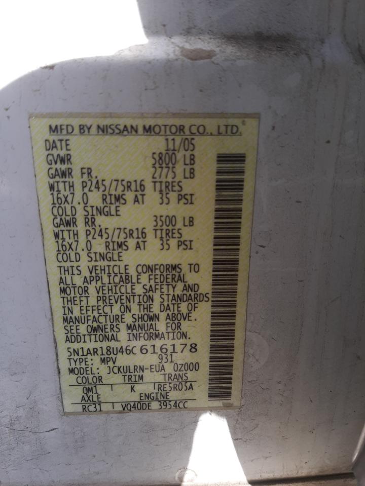 Photo 10 from auction – 2006 NISSAN PATHFINDER with VIN 5N1AR18U46C616178
