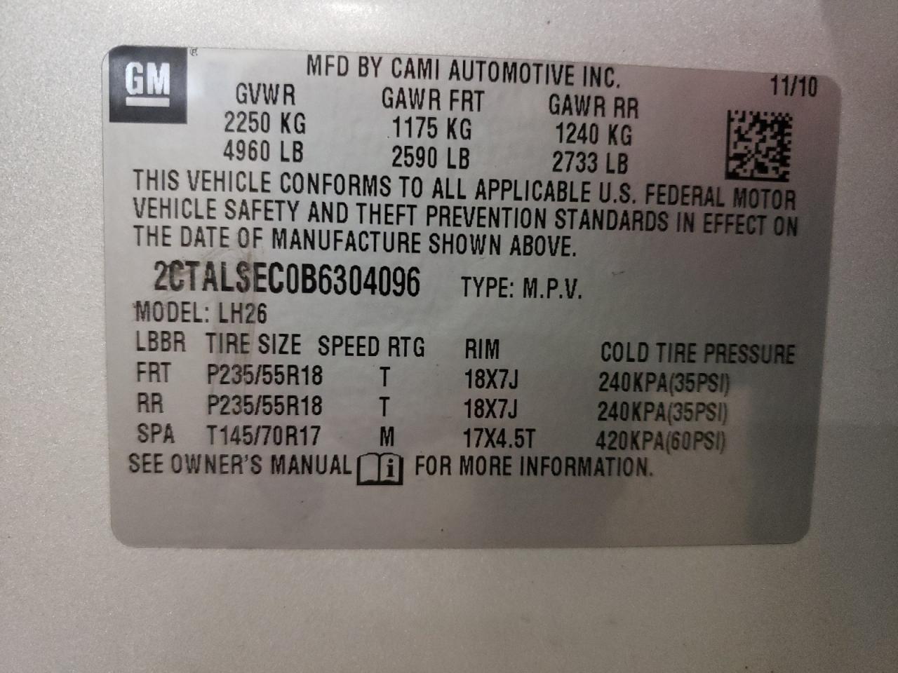 Photo 10 from auction – 2011 GMC TERRAIN SL with VIN 2CTALSEC0B6304096