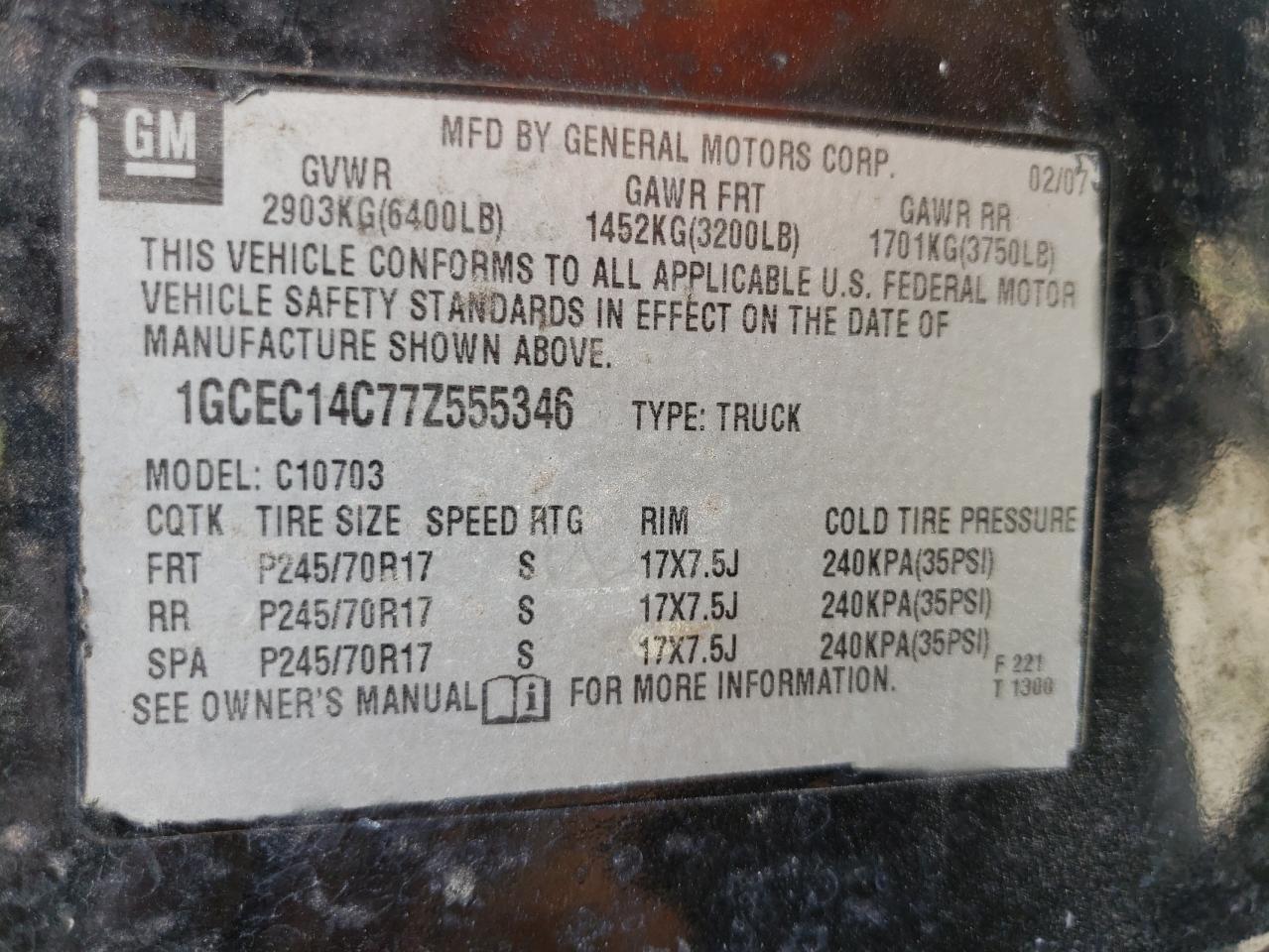 Photo 10 from auction – 2007 CHEVROLET 1500 with VIN 1GCEC14C77Z555346