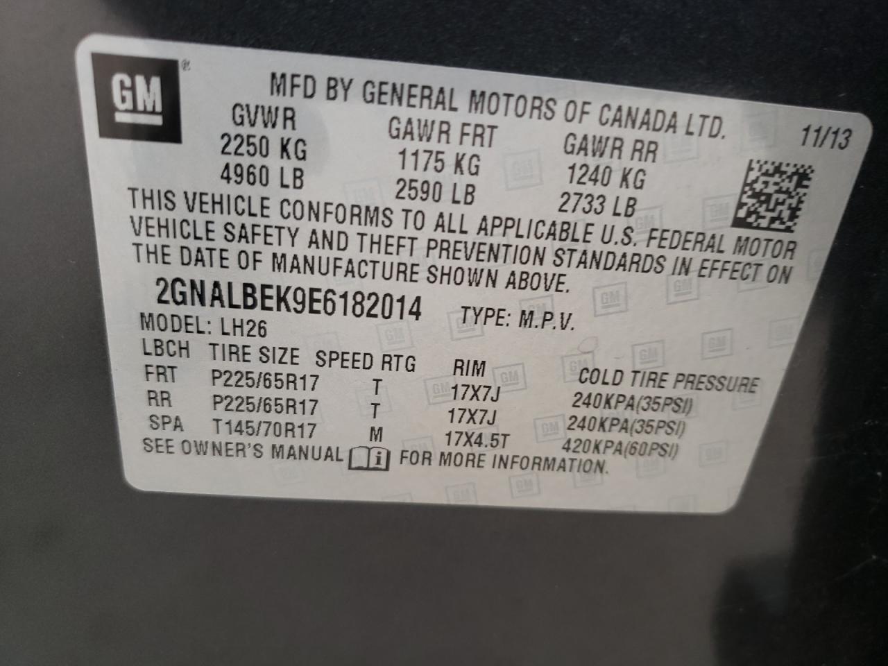 Photo 11 from auction – 2014 CHEVROLET EQUINOX LT with VIN 2GNALBEK9E6182014