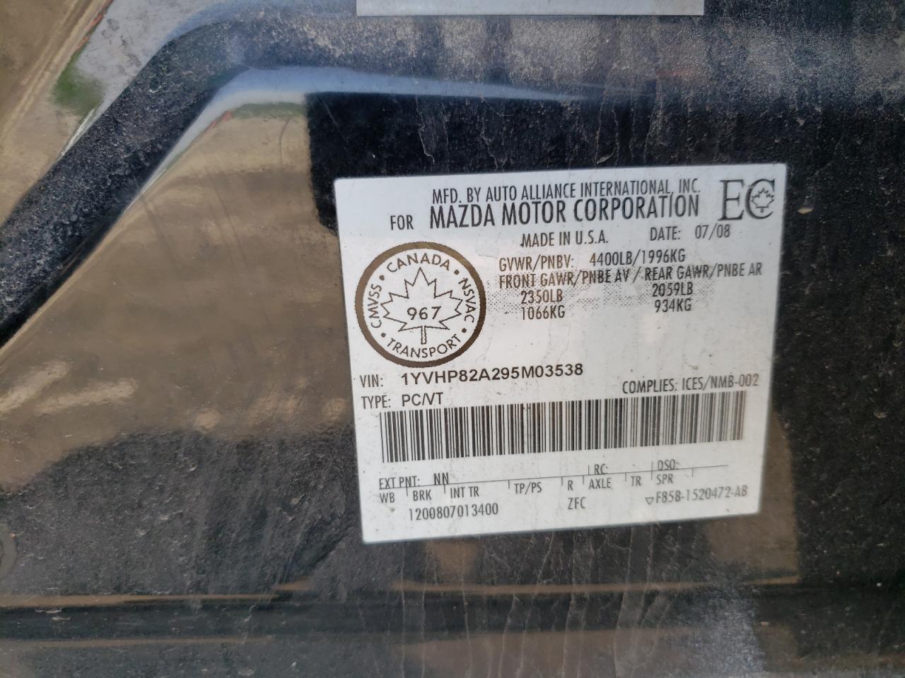 Photo 11 from auction – 2009 MAZDA 6 I with VIN 1YVHP82A295M03538