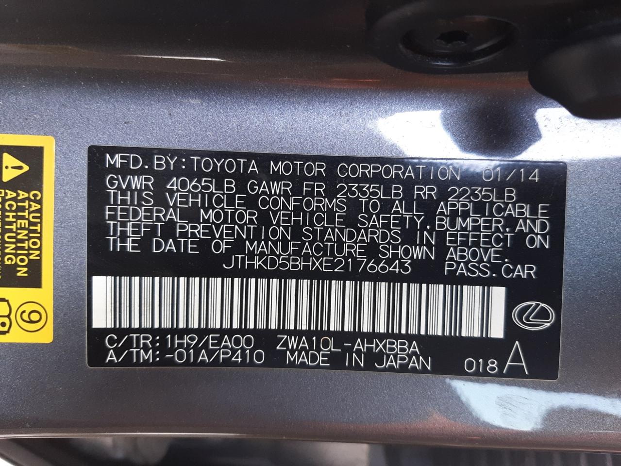 Photo 10 from auction – 2014 LEXUS CT 200 with VIN JTHKD5BHXE2176643