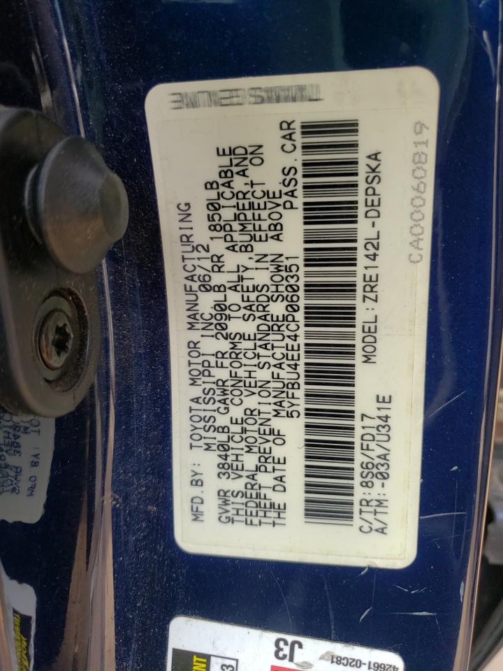 Photo 10 from auction – 2012 TOYOTA COROLLA BA with VIN 5YFBU4EE4CP060351