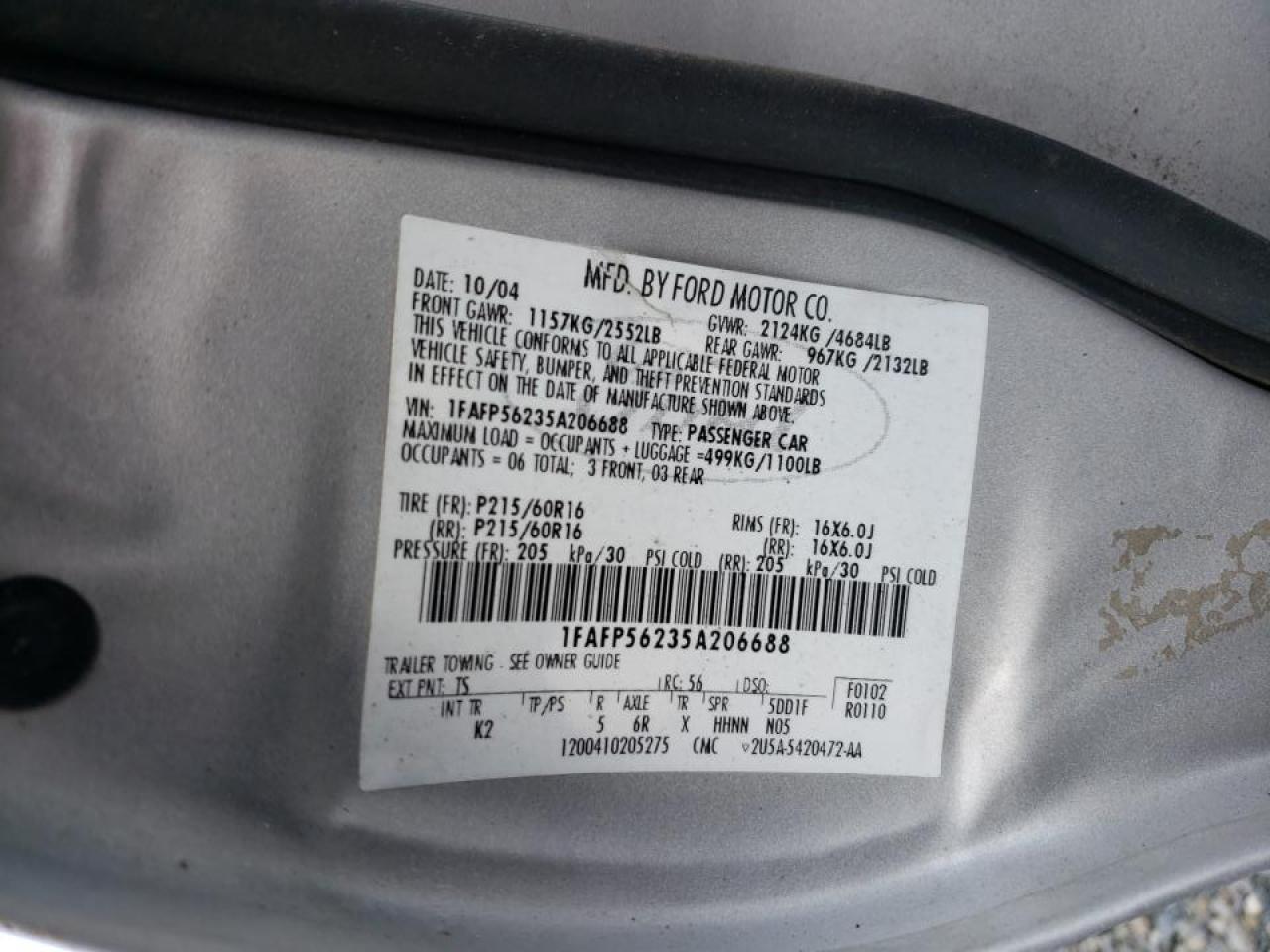 Фото 10 с аукциона – 2005 FORD TAURUS SEL с VIN 1FAFP56235A206688