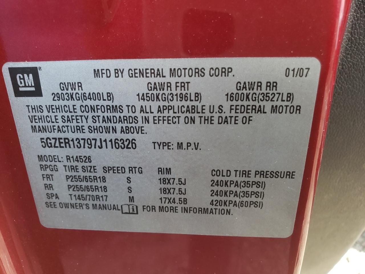Photo 10 from auction – 2007 SATURN OUTLOOK XE with VIN 5GZER13797J116326