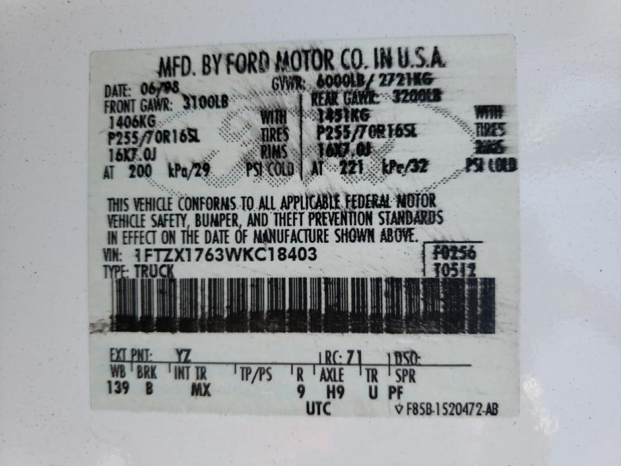 Photo 10 from auction – 1998 FORD F150 with VIN 1FTZX1763WKC18403