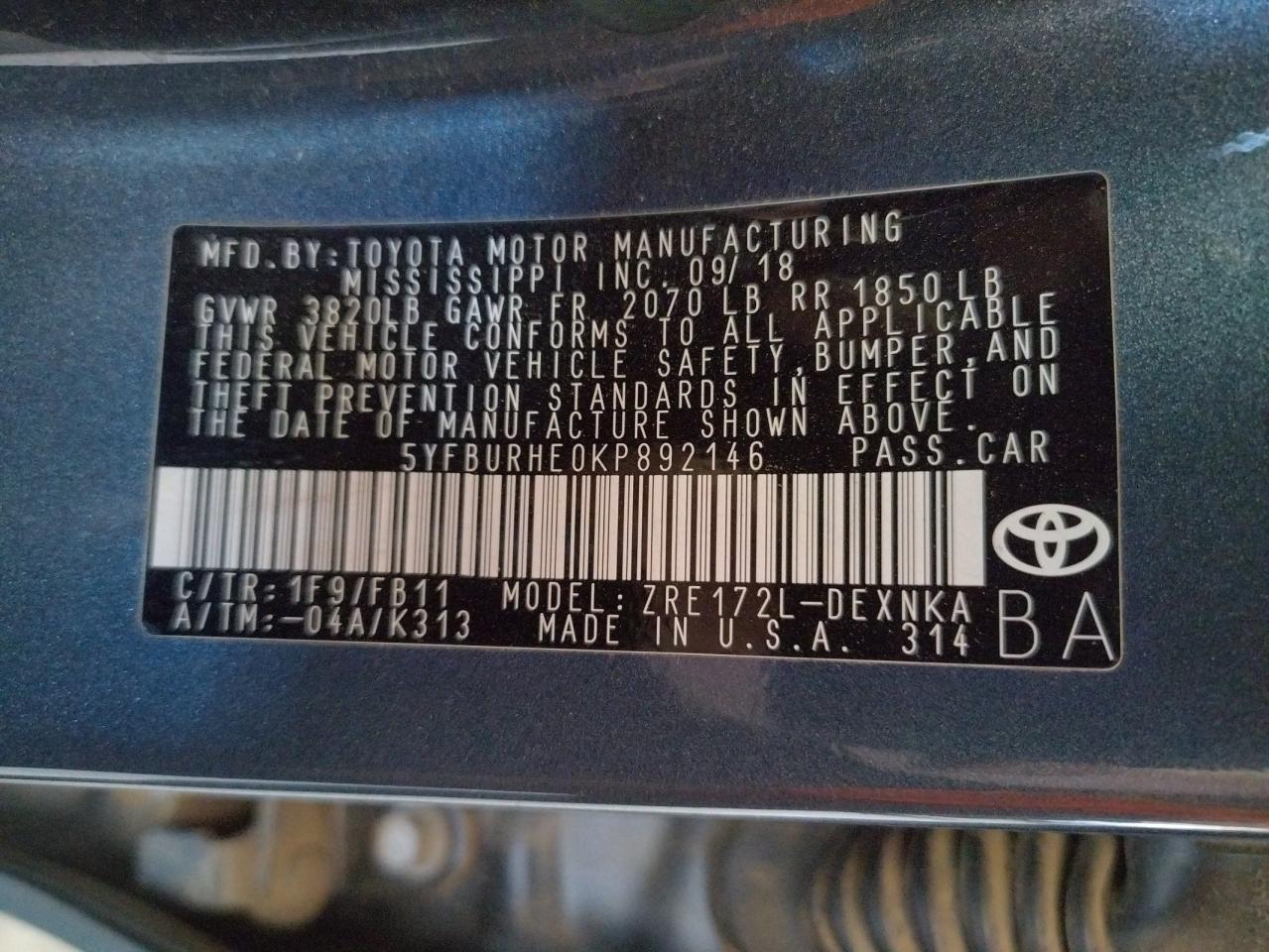 Photo 10 from auction – 2019 TOYOTA COROLLA L with VIN 5YFBURHE0KP892146