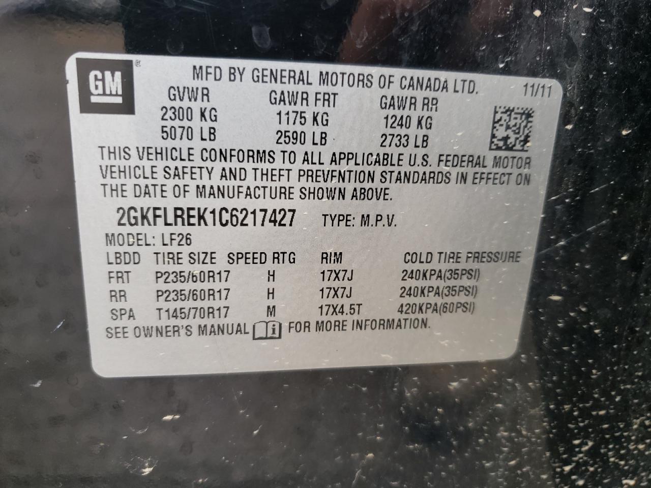Photo 10 from auction – 2012 GMC TERRAIN SL with VIN 2GKFLREK1C6217427