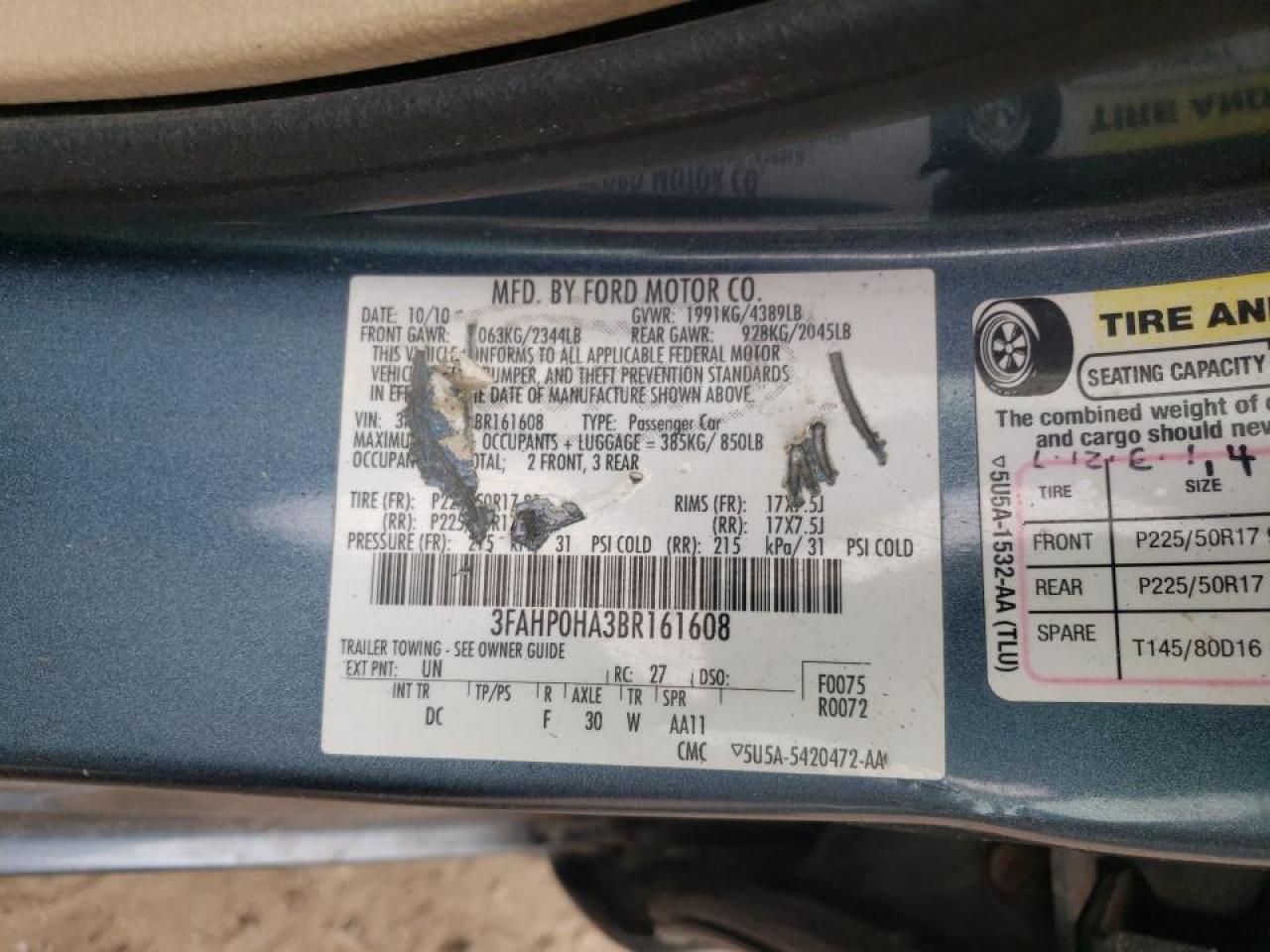 Photo 10 from auction – 2011 FORD FUSION SE with VIN 3FAHP0HA3BR161608