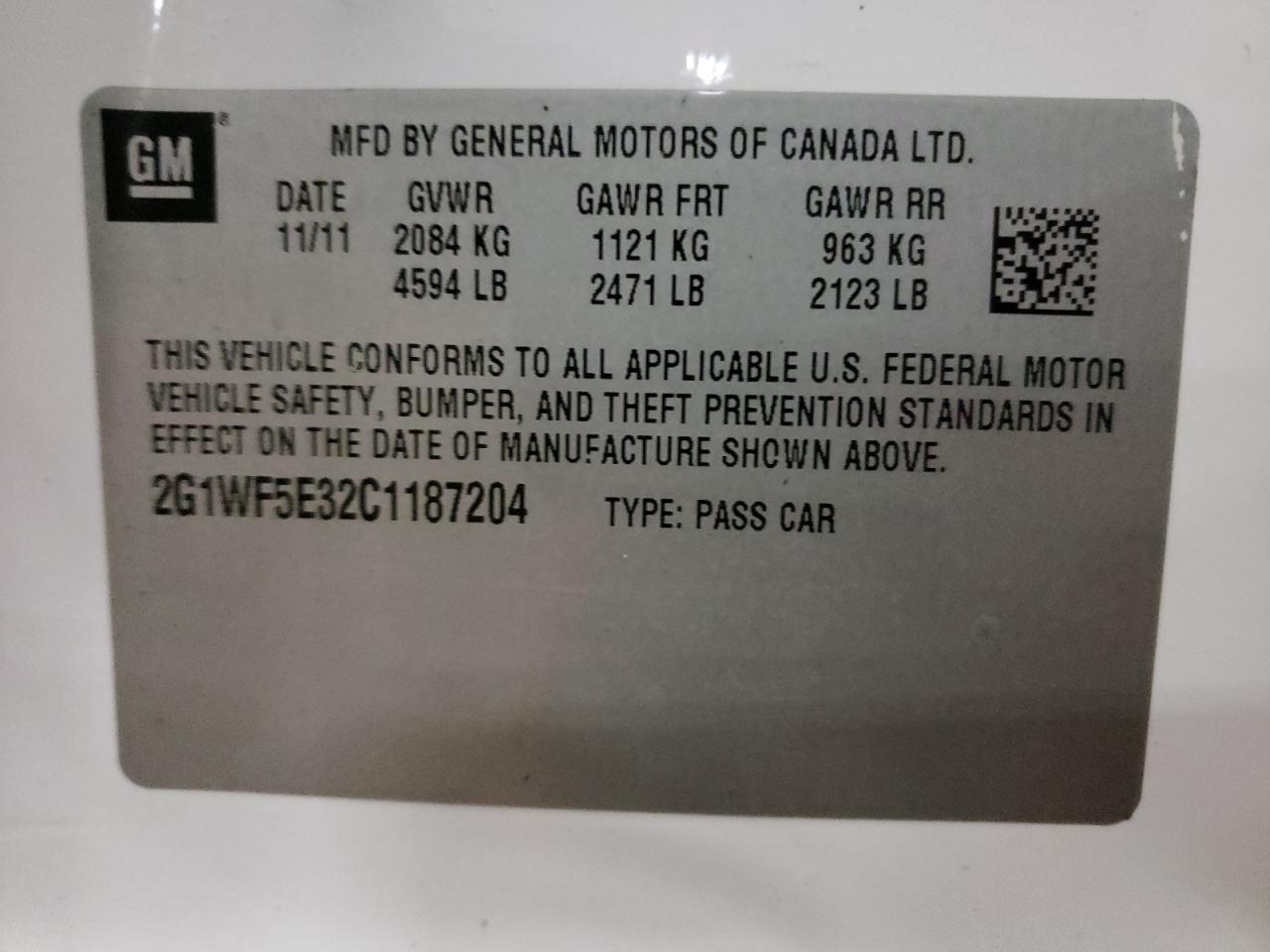 Photo 20 from auction – 2012 CHEVROLET IMPALA LS with VIN 2G1WF5E32C1187204