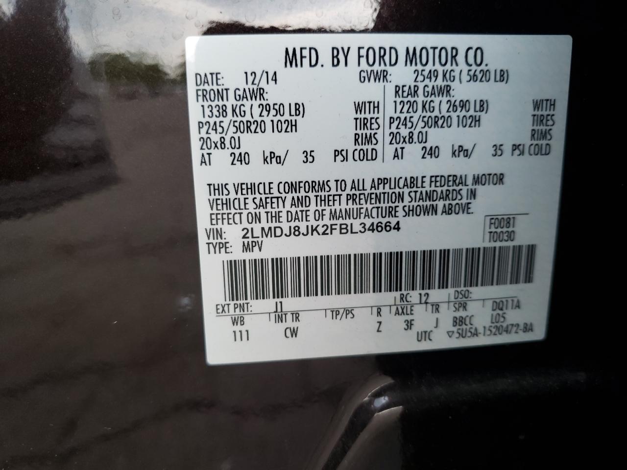 Photo 11 from auction – 2015 LINCOLN MKX with VIN 2LMDJ8JK2FBL34664