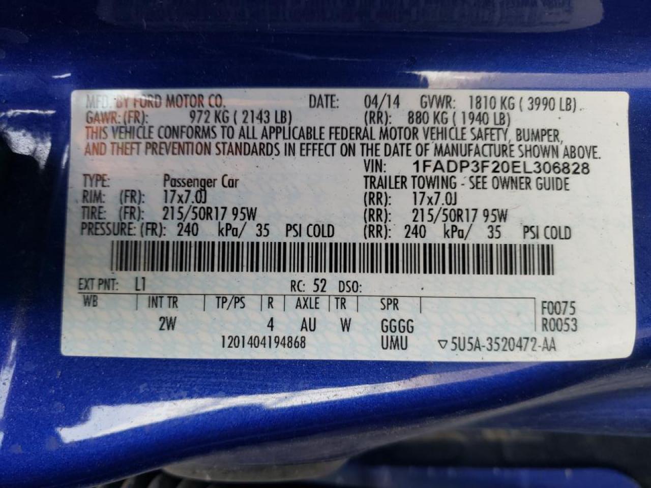 Photo 10 from auction – 2014 FORD FOCUS SE with VIN 1FADP3F20EL306828
