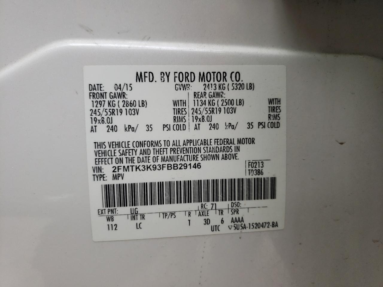 Photo 11 from auction – 2015 FORD EDGE TITAN with VIN 2FMTK3K93FBB29146