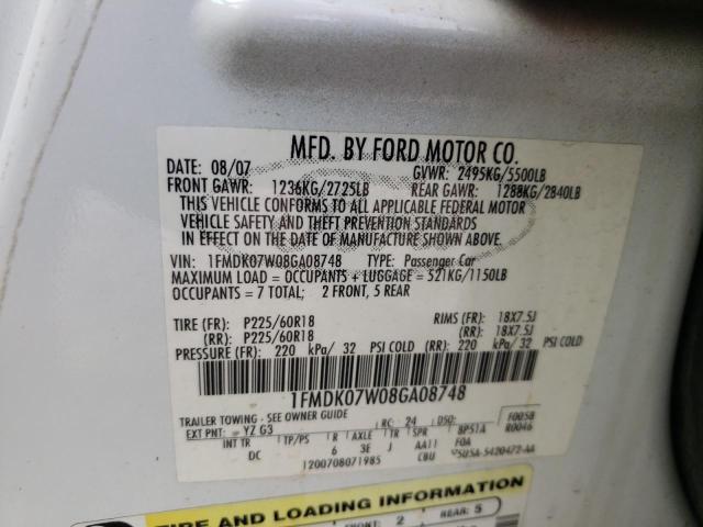 Photo 10 from auction – 2008 FORD TAURUS X E with VIN 1FMDK07W08GA08748