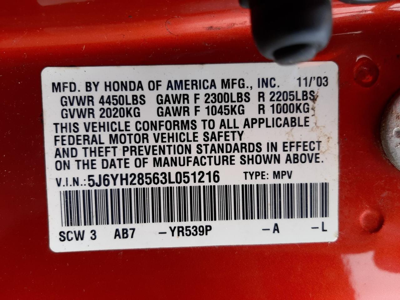 Photo 10 from auction – 2003 HONDA ELEMENT EX with VIN 5J6YH28563L051216