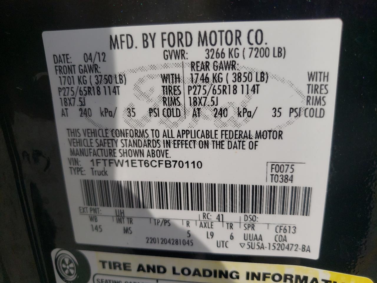 Photo 10 from auction – 2012 FORD F150 SUPER with VIN 1FTFW1ET6CFB70110