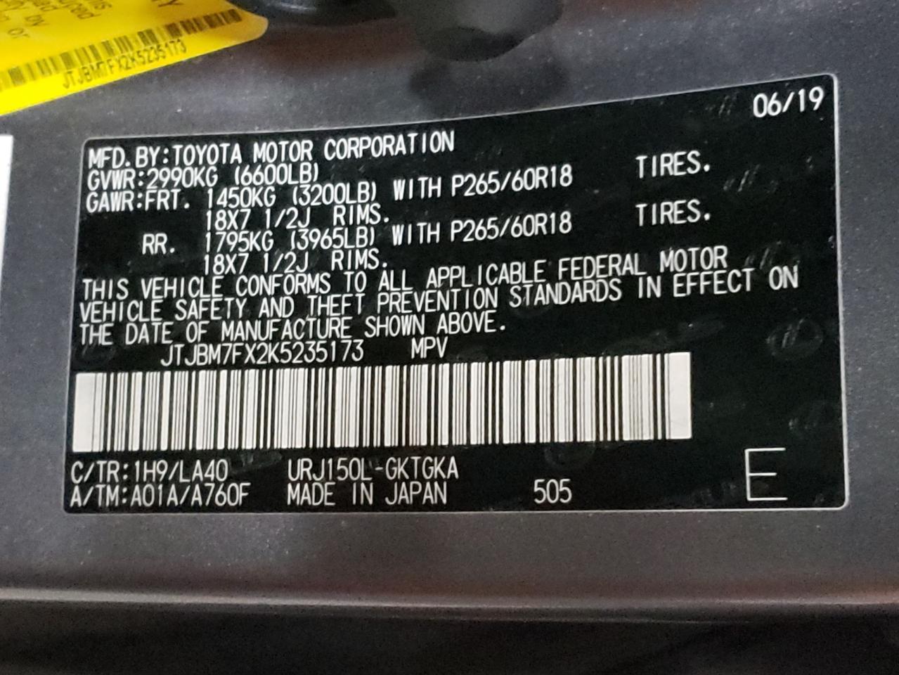 Photo 10 from auction – 2019 LEXUS GX 460 with VIN JTJBM7FX2K5235173